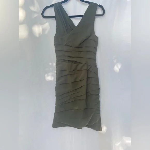 Aqua Olive Green Ruched Abstract Shoulder Mini Dress (Small) - Picture 4 of 6